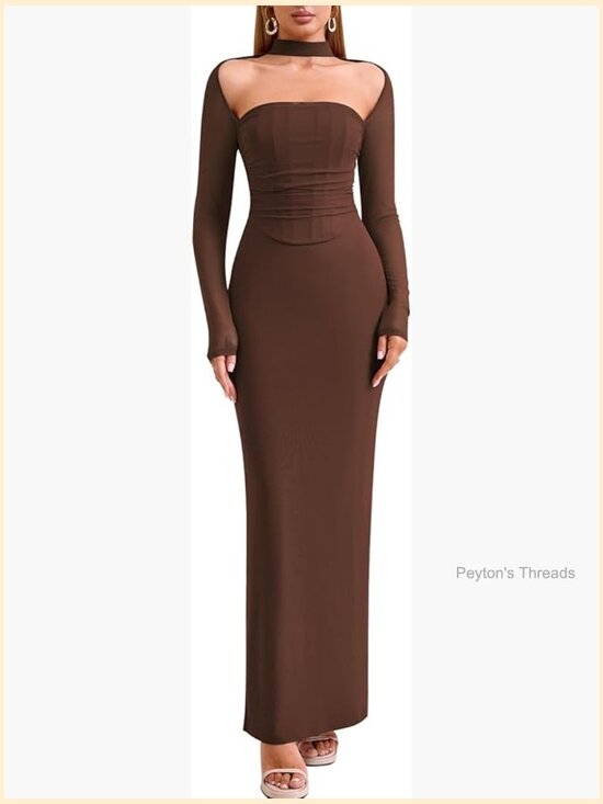 Dresses & Skirts - Long Sleeve Bodycon Maxi Dress Halter Neck Ruched Formal Wedding Guest